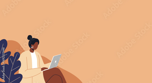 Professional woman works remotely on her laptop in a modern, minimalist setting. Perfect for business, tech, and lifestyle, including online education or freelancing.