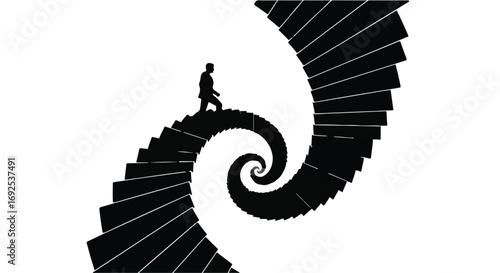 Silhouette of person walking up a surreal spiral staircase towards a bright future.