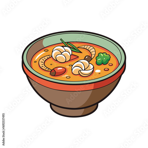 Delicious tom yum soup bowl with shrimp mushrooms and fresh herbs illustration