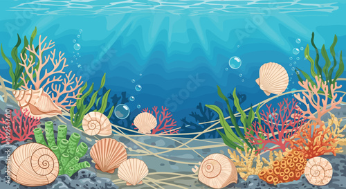 Vibrant underwater scene with diverse seashells, coral, and kelp bathed in sunbeams