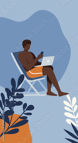 Relaxed man working on his laptop and phone while sitting in a lounge chair, perfect for remote work and vacation themes.