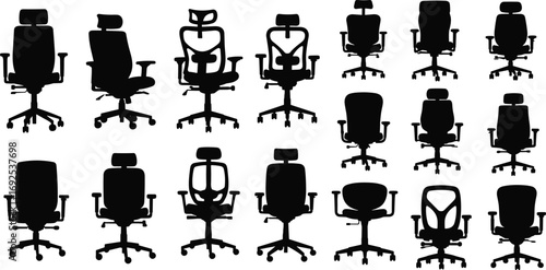 Black office chair silhouettes, ergonomic chairs, modern workspace seating, adjustable swivel chairs, executive desk chairs, comfortable office furniture design