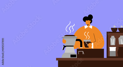 Illustration of a person preparing hot coffee with a steaming cup and coffee maker on a counter, perfect for morning routines or cafe concepts.