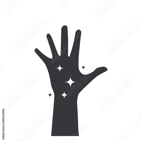 Isolated pictogram icon of clean hygienic hand with sparkling symbols, safety reminder sign for sanitation, healthcare, washing practice, personal hygiene awareness illustration.