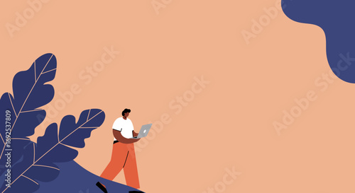 Person walking with a laptop amidst large leaves on a natural background, symbolizing remote work, digital lifestyle, and mobile productivity. Ideal for business, education, or freelance concepts.