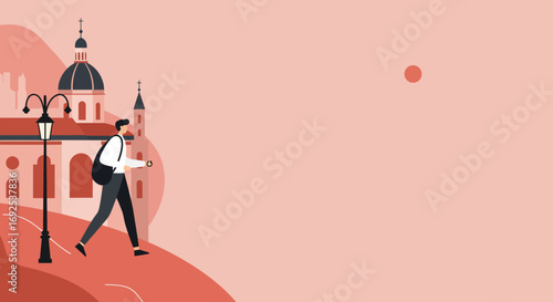 Stylish man walking through a picturesque European-style city street, checking his watch. Ideal for travel, urban lifestyle, or punctuality concepts.