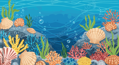 Vibrant underwater coral reef scene teeming with colorful shells, seaweed, and bubbles