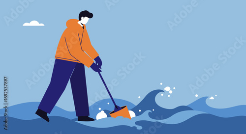 Person actively cleaning debris from wavy ocean water, symbolizing environmental protection, sustainability, and proactive effort. Useful for eco-friendly initiatives and corporate responsibility.