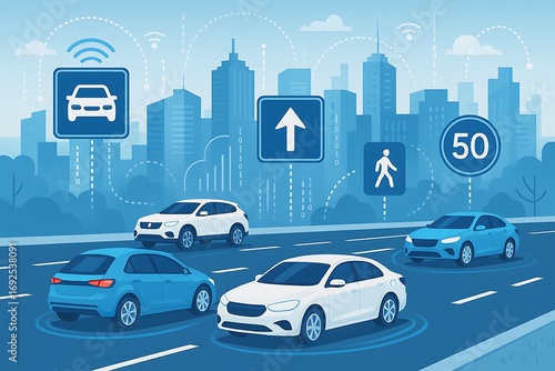 Autonomous cars navigating a smart city with connected technology