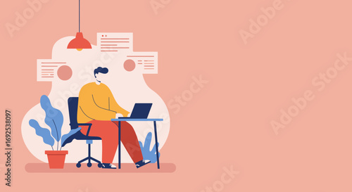 Professional working diligently on a laptop from a home office, surrounded by digital information. Illustrates modern work, business, or education.