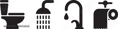 Black and white bathroom icons toilet shower faucet and toilet paper roll on white background