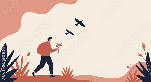 A man with a backpack walks through a serene natural landscape, holding flowers, symbolizing connection to nature, travel, and tranquility. Ideal for lifestyle and environmental themes.