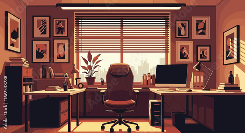 Modern, organized office space with desk, computer, and city view, ready for productive work