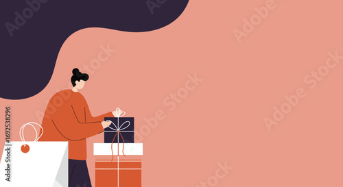 Person arranging stylish gift boxes and shopping bags on a peach background. Ideal for holiday shopping, celebration, and special occasion themes.
