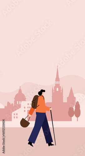 Solo traveler with backpack and walking stick exploring a city with historic architecture. Represents tourism, adventure, and urban exploration.