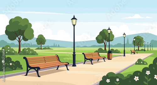 Serene park pathway with benches and lamp posts invites peaceful strolls amidst lush greenery