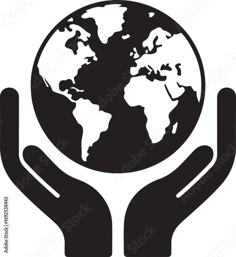 Black and white graphic of Earth held in cupped hands symbolizing global care and protection