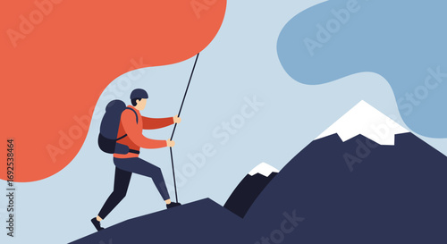 Adventurous person with backpack and hiking pole climbing a steep mountain, depicting perseverance, travel, and conquering new heights.