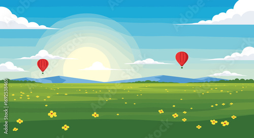 Vibrant hot air balloons float over a sunny green meadow dotted with yellow flowers and distant mountains