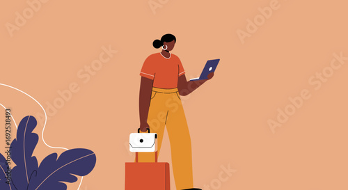 A focused professional woman on the go, utilizing a laptop and carrying luggage, symbolizing remote work, business travel, and modern entrepreneurship.