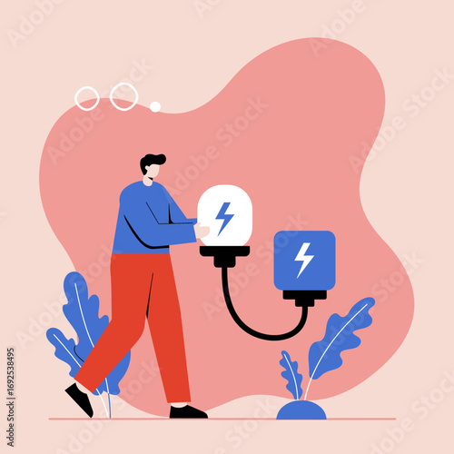 Person connects energy sources, symbolizing innovation, sustainable power solutions, and efficient technological advancement for business.