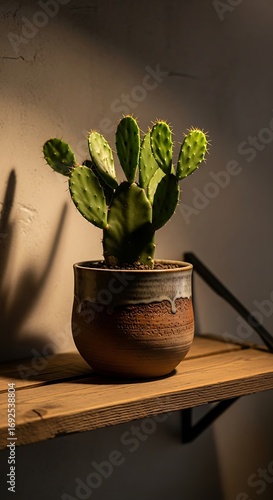 Prickly Pear Cactus in Ceramic Pot on Wooden Shelf.