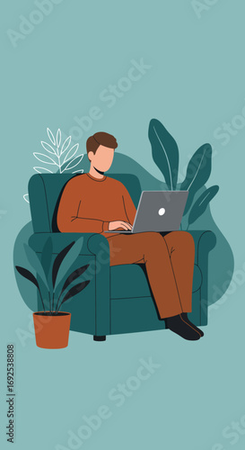 A man comfortably works on his laptop in a cozy home office, surrounded by plants. Represents remote work, freelancing, and digital nomad lifestyle.