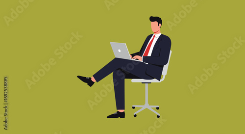 Professional businessman in a suit working diligently on a laptop while sitting on an office chair. Represents productivity, remote work, and modern business concepts.