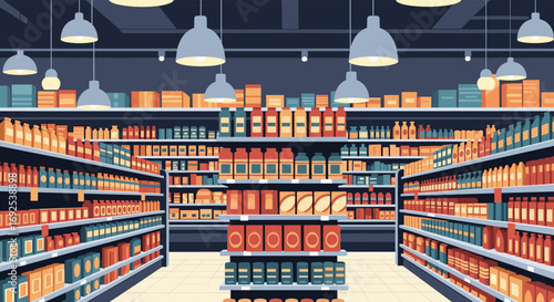 Vibrant grocery store aisles stacked with colorful products under modern lighting
