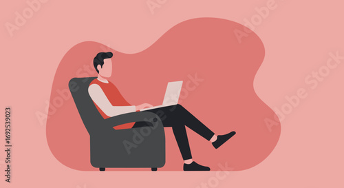 Man comfortably working on a laptop in an armchair, illustrating remote work, freelancing, and digital productivity from a relaxed home setting.