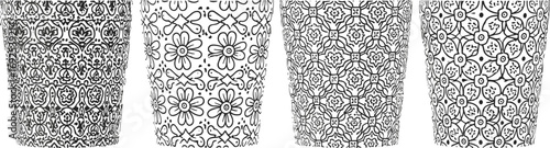 Decorative flower pots with black and white intricate floral patterns, elegant ceramic planters, vintage style, ornamental design, home decor, vector art