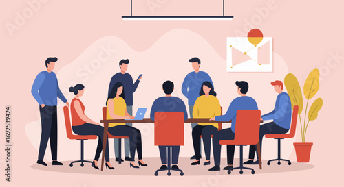 Diverse professionals collaborating in a modern office meeting, discussing strategy and ideas. Ideal for business, teamwork, and corporate communication concepts.