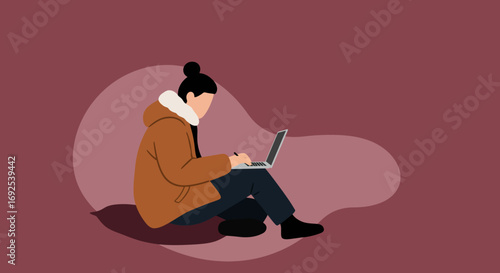 Minimalist illustration of a person focused on working or studying with a laptop. Represents remote work, education, and modern digital lifestyle.