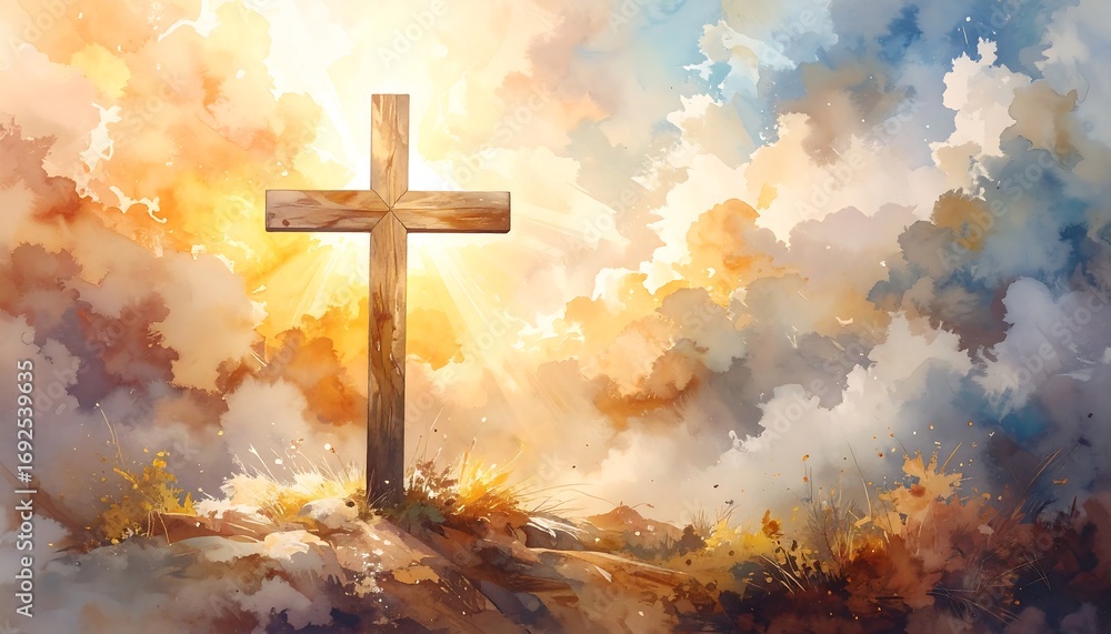 Obraz premium A wooden cross atop a hill against a vibrant, painted sky