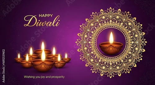 Wallpaper Mural Diwali Celebration: Golden Diya Lamps and Mandala on Purple Background Torontodigital.ca