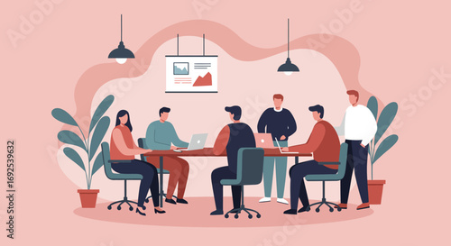 Business professionals collaborate in a modern office meeting, discussing strategies and analyzing data with laptops and a presentation screen. Ideal for teamwork, innovation, and corporate success.