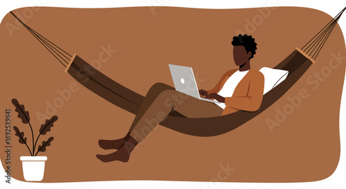 A person working remotely on a laptop while relaxing in a hammock, embodying comfort, productivity, and modern work-life balance. Ideal for lifestyle and business concepts.