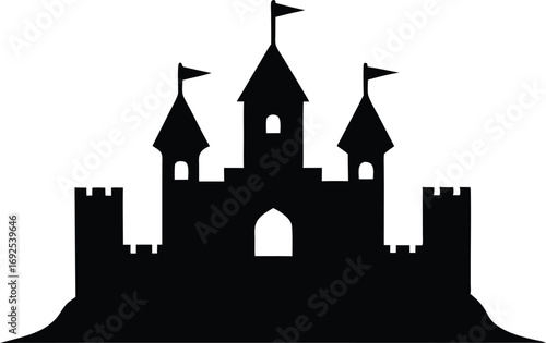 Silhouette of a Fortress with Towers and Flags, Historical Vector Art
