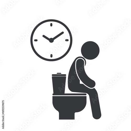 Isolated pictogram icon showing toilet and clock symbol, reminder notice label for workplace hygiene, do not use toilet for long time.