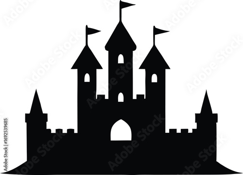 Silhouette of a Fortress with Towers and Flags, Historical Vector Art