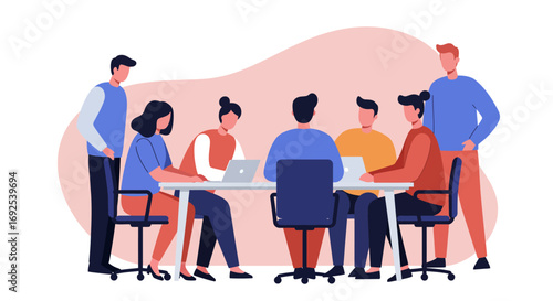 Diverse business team collaborating in a modern meeting room, using laptops for productive work and discussion. Ideal for corporate, startup, and project management themes.