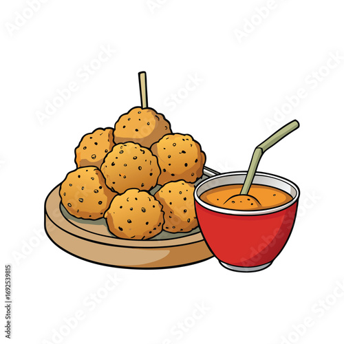 Delicious baked macaroni balls with a creamy sauce dip presented on a clean white background