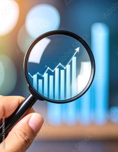 Magnifying glass focused on a growing bar graph