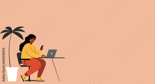 Focused young woman uses laptop and smartphone for remote work or online study, embodying modern productivity, connectivity, and flexible lifestyle.