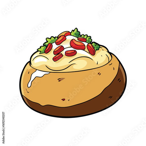 Delicious baked potato topped with creamy sour cream crispy bacon and fresh chives