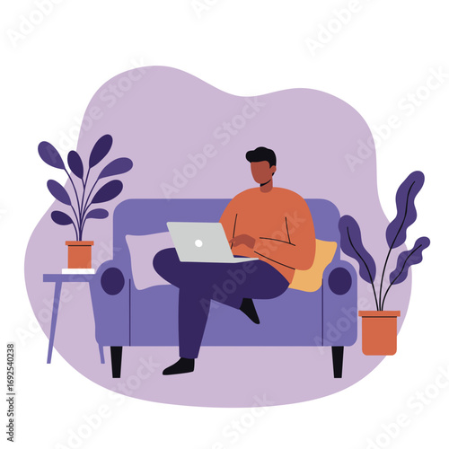 A man comfortably working from home on his laptop, embodying remote work and modern lifestyle concepts. Ideal for business, technology, and cozy living themes.