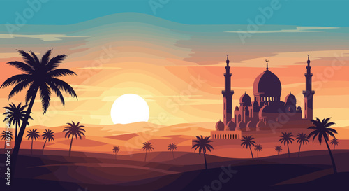 Stunning desert sunset silhouette showcases majestic mosque and palm trees creating a vibrant, serene Arabian night scene.