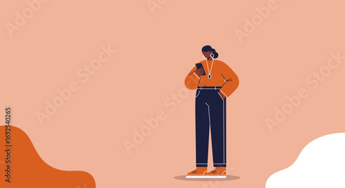 A stylish person engaged with a smartphone, listening to music or browsing, embodying modern digital connection and casual lifestyle.