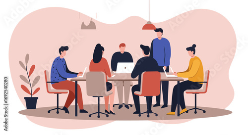 Diverse business team collaborating in a modern office meeting room. Professionals discuss ideas and work on laptops, showcasing teamwork and productivity in a corporate environment.
