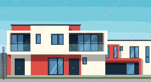 Modern architectural home design with clean lines and vibrant red accents under a clear blue sky